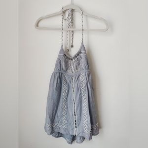 Blue Boho Embellished Halter Top